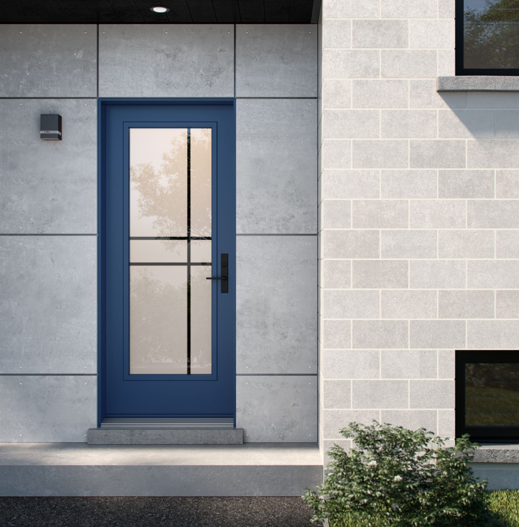 home facade with a blue door with a locking system