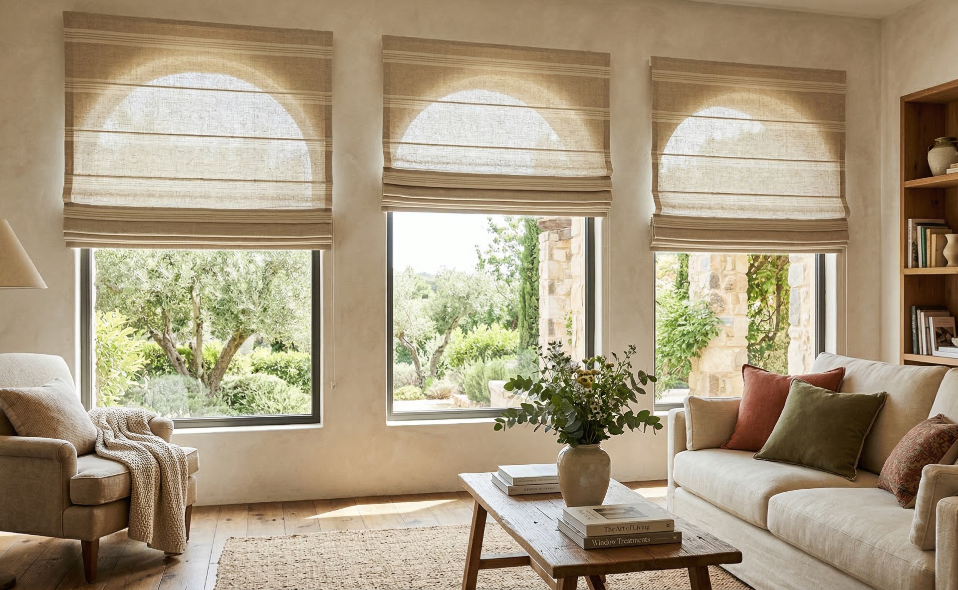living room with roman shades window coverings