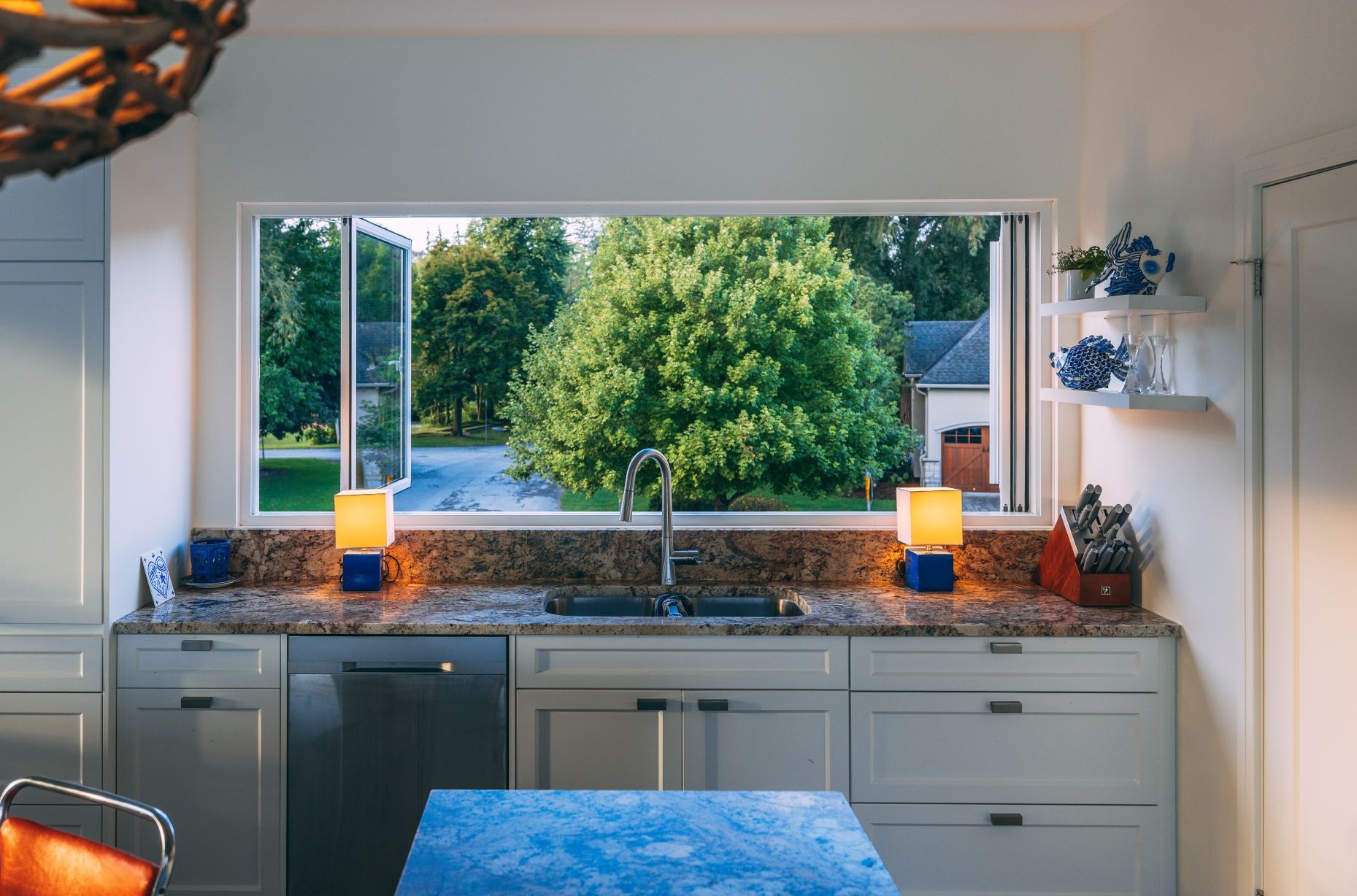 kitchen with a pass-through window