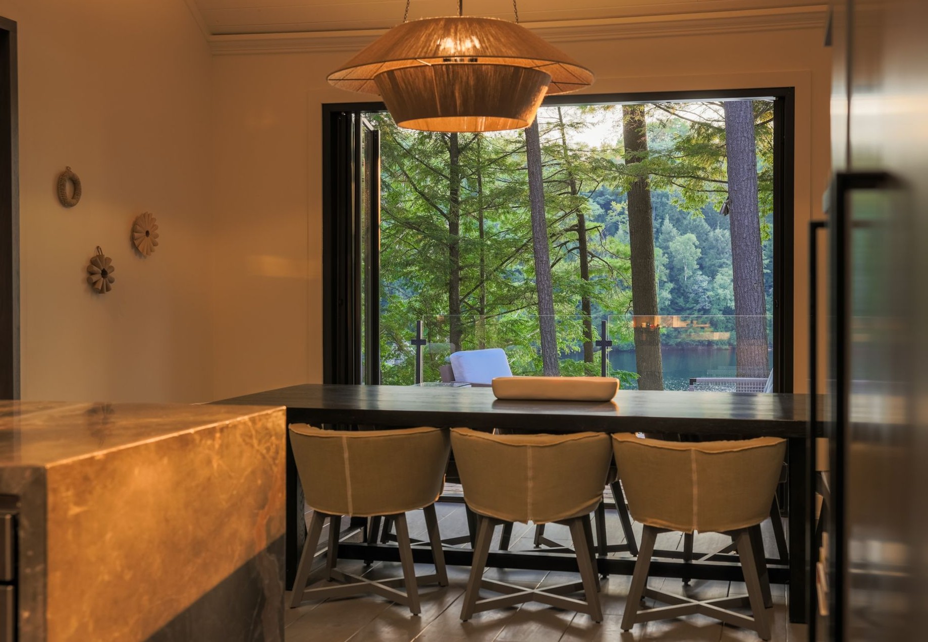 living room with large black patio doors