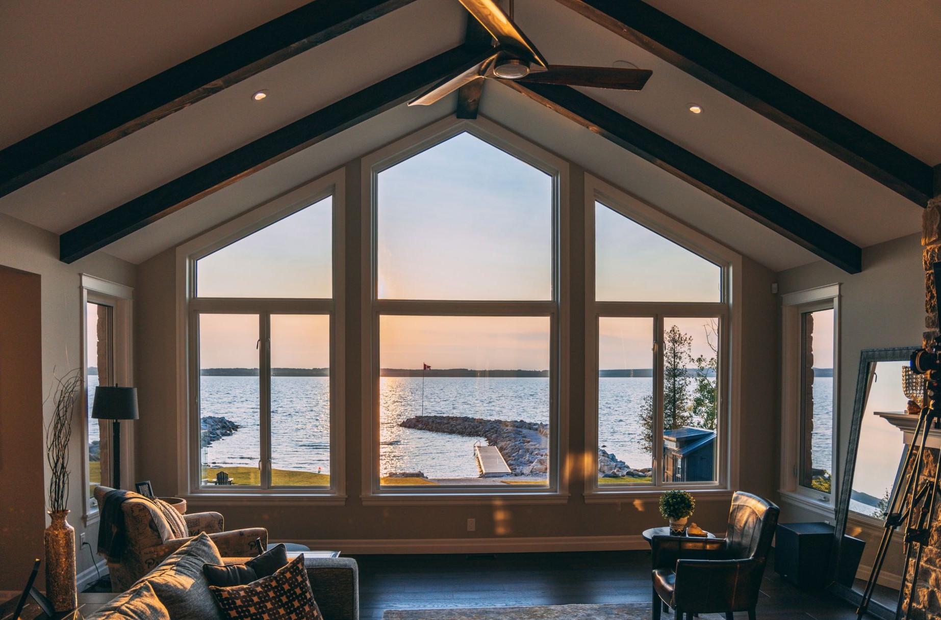 living room with custom-sized windows