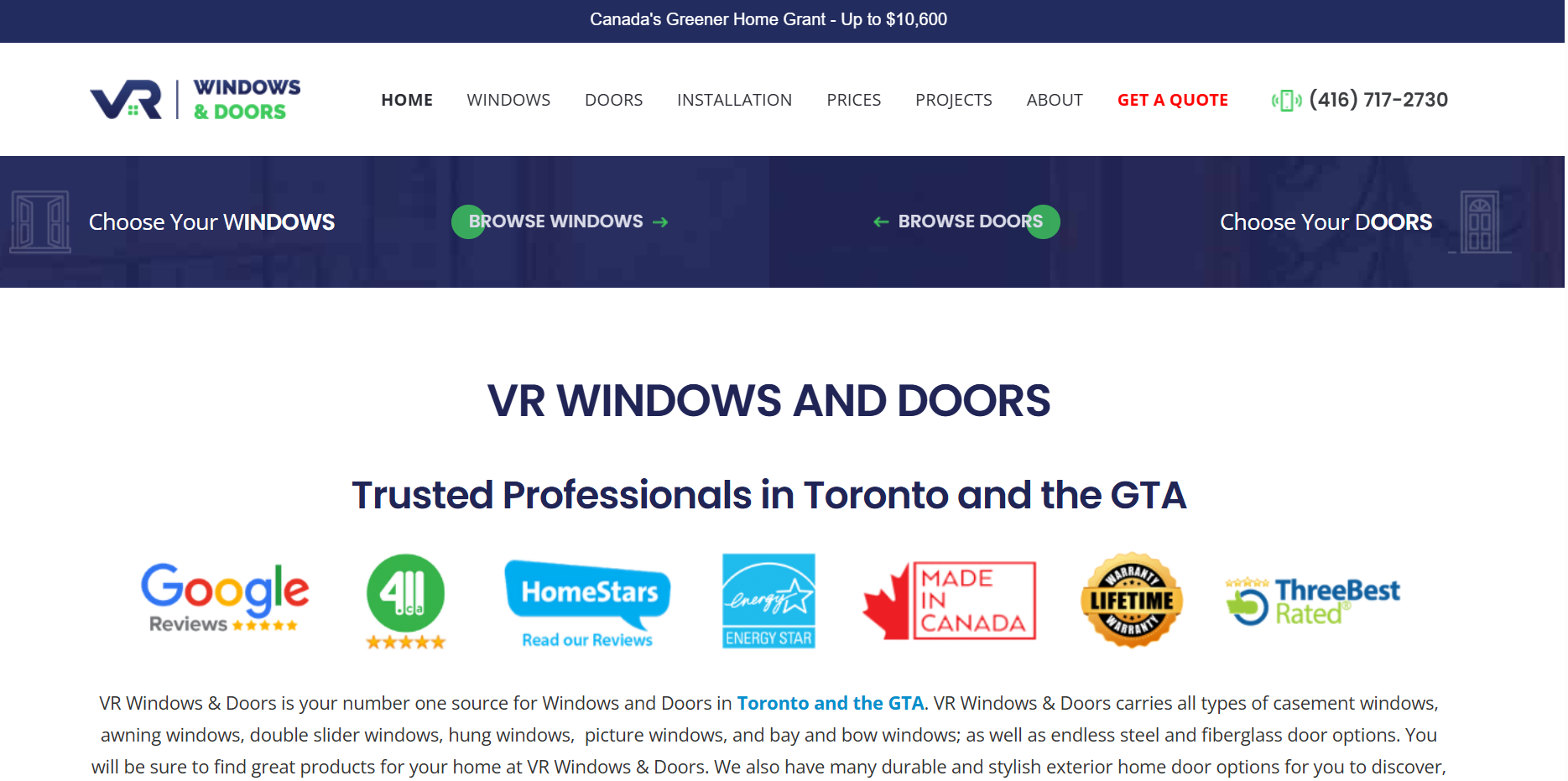 VR Windows & Doors homepage