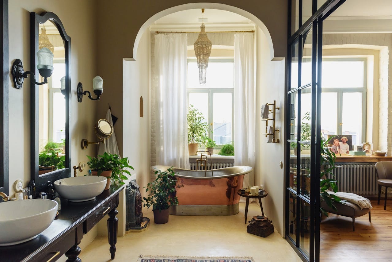 large bathroom with curtains as window treatments