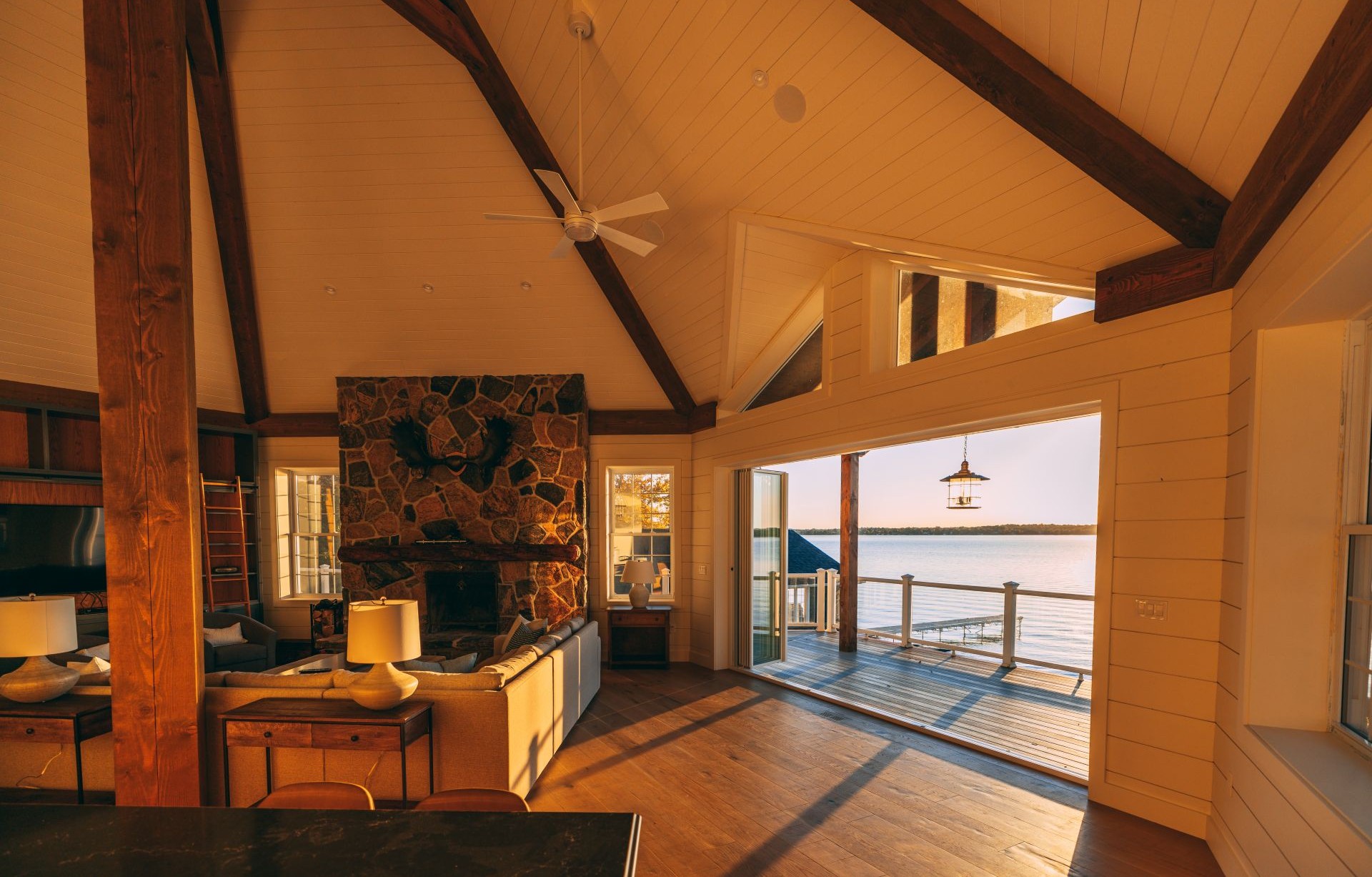 cottage with window walls and double-hung windows