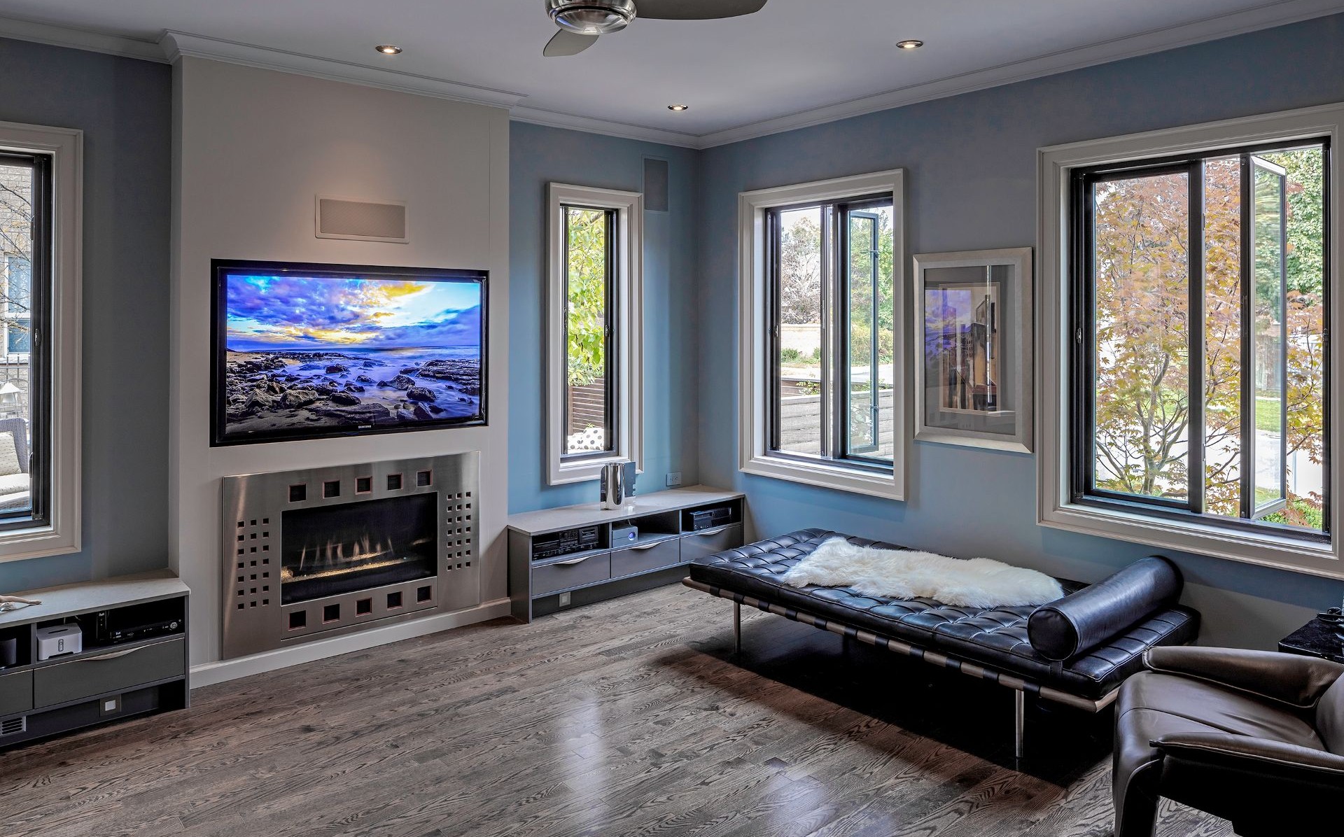 living room with several casement windows