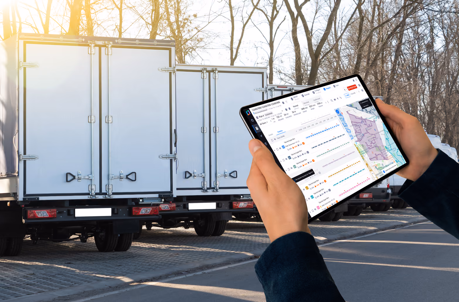 Person holding tablet in front of trucks.