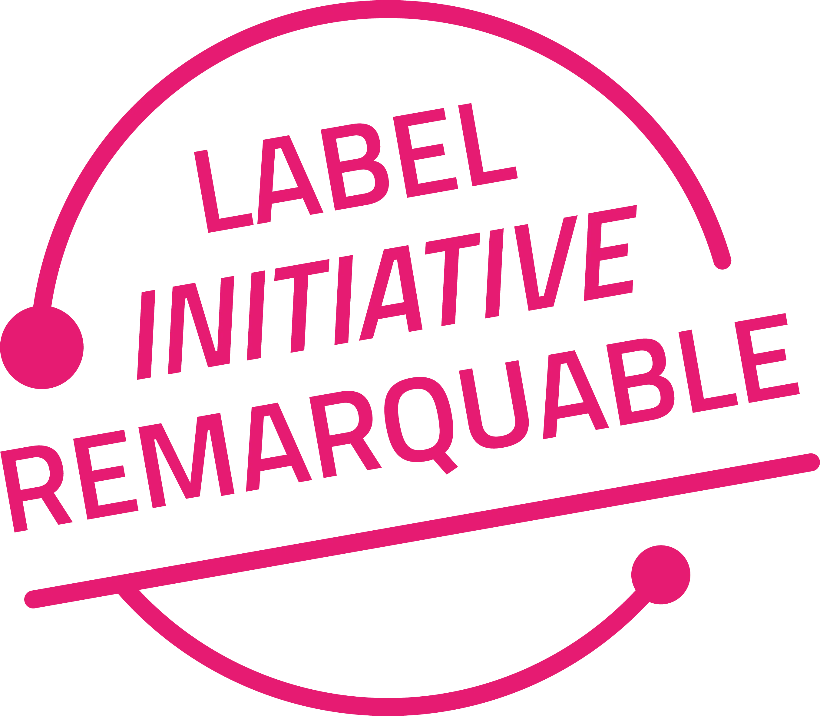 Texte en rose affichant « LABEL INITIATIVE REMARQUABLE » entouré d'un cercle partiel avec deux points aux extrémités.