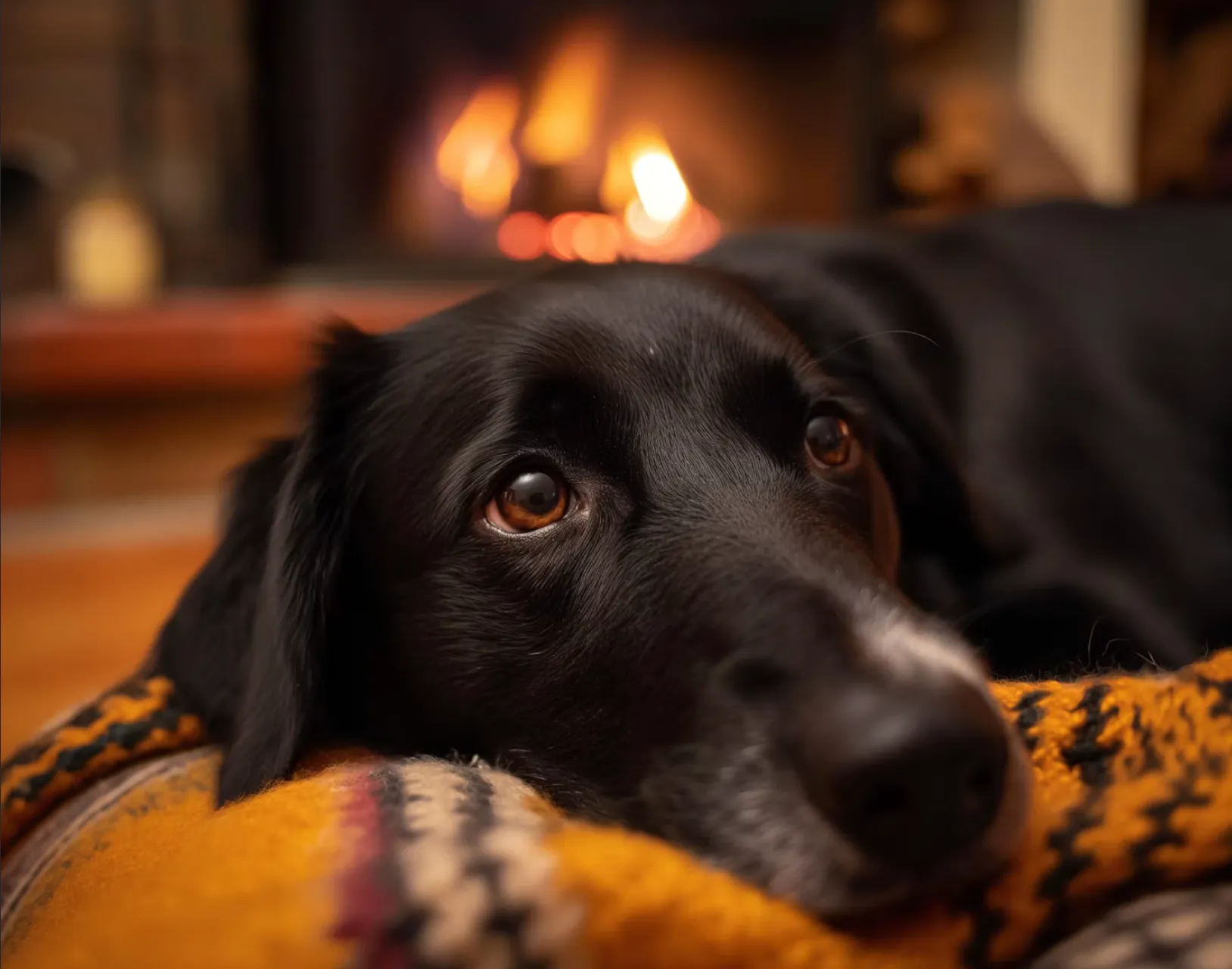 Chien noir canapé et feu de cheminée