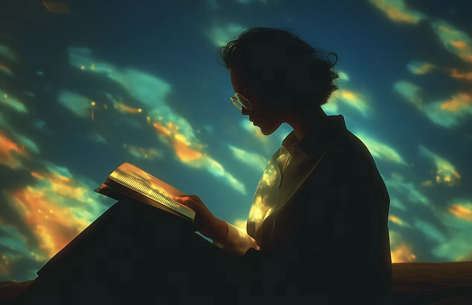 Femme qui lit un livre lumière projetée
