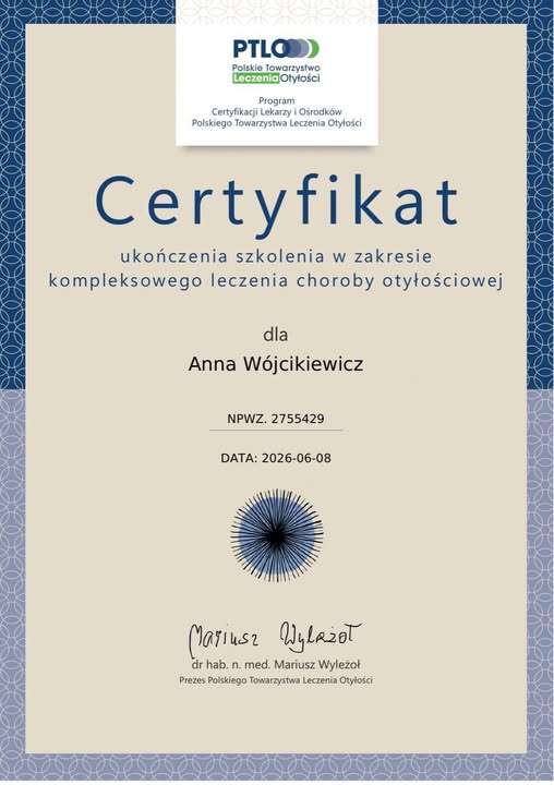Doktor Anna Wójcikiewicz certyfikowanym specjalistą terapii otyłości