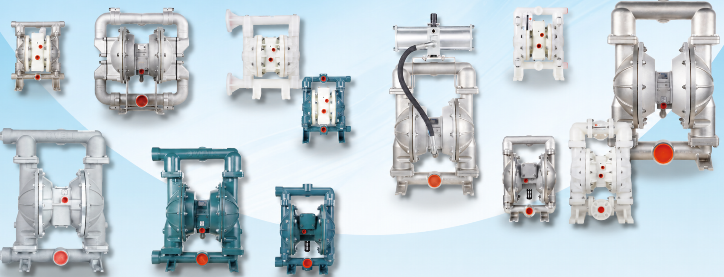Three OVELL industrial diaphragm pumps highlighting reliability, corrosion resistance, solids handling and leak-free operation