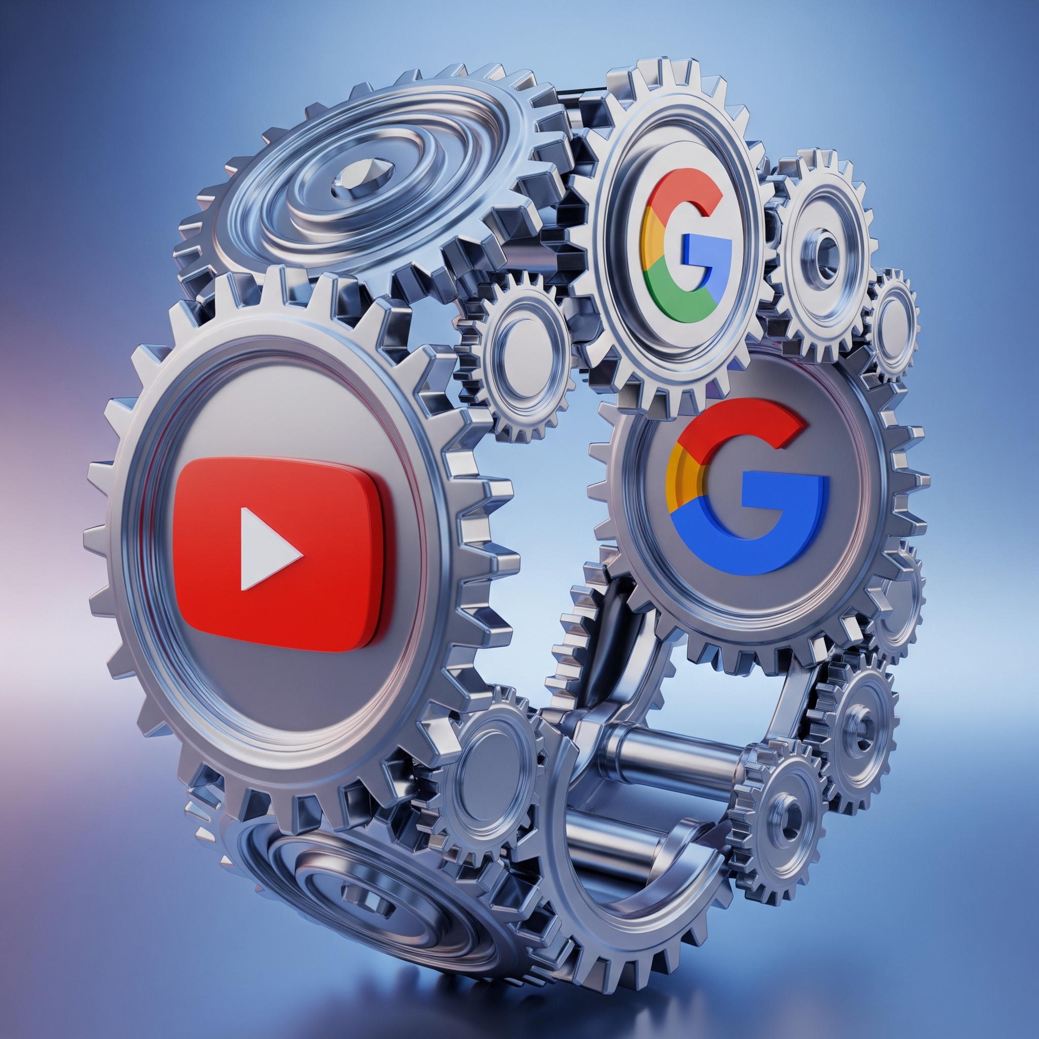 A visual depicting a continuous loop or a gears turning, symbolizing an automated system, with YouTube and Google logos intertwined