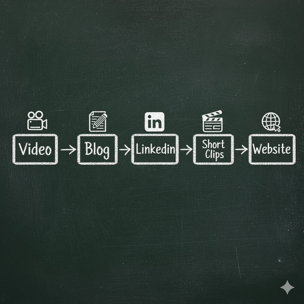 Content repurposing flowchart showing how one YouTube video multiplies across channels.