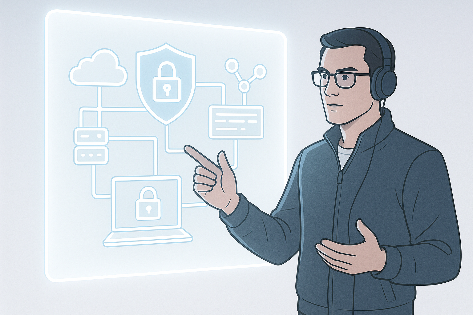 Cybersecurity expert explaining simplified network concepts on a glowing digital whiteboard.