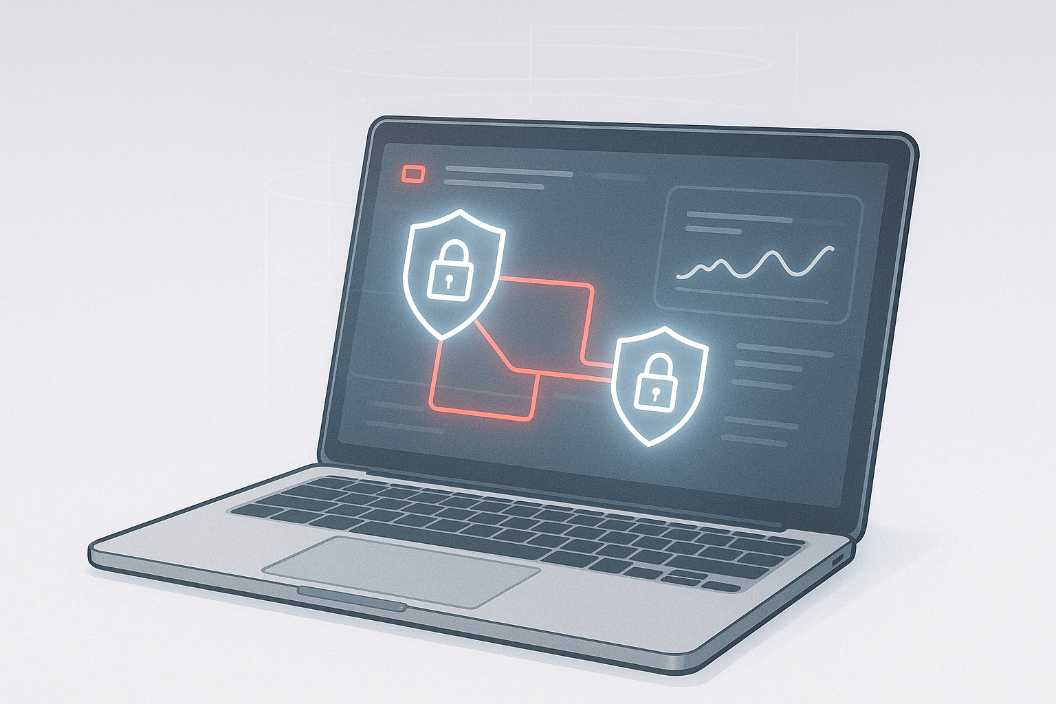Illustrated laptop showing a live cybersecurity dashboard with glowing detection lines and shields.