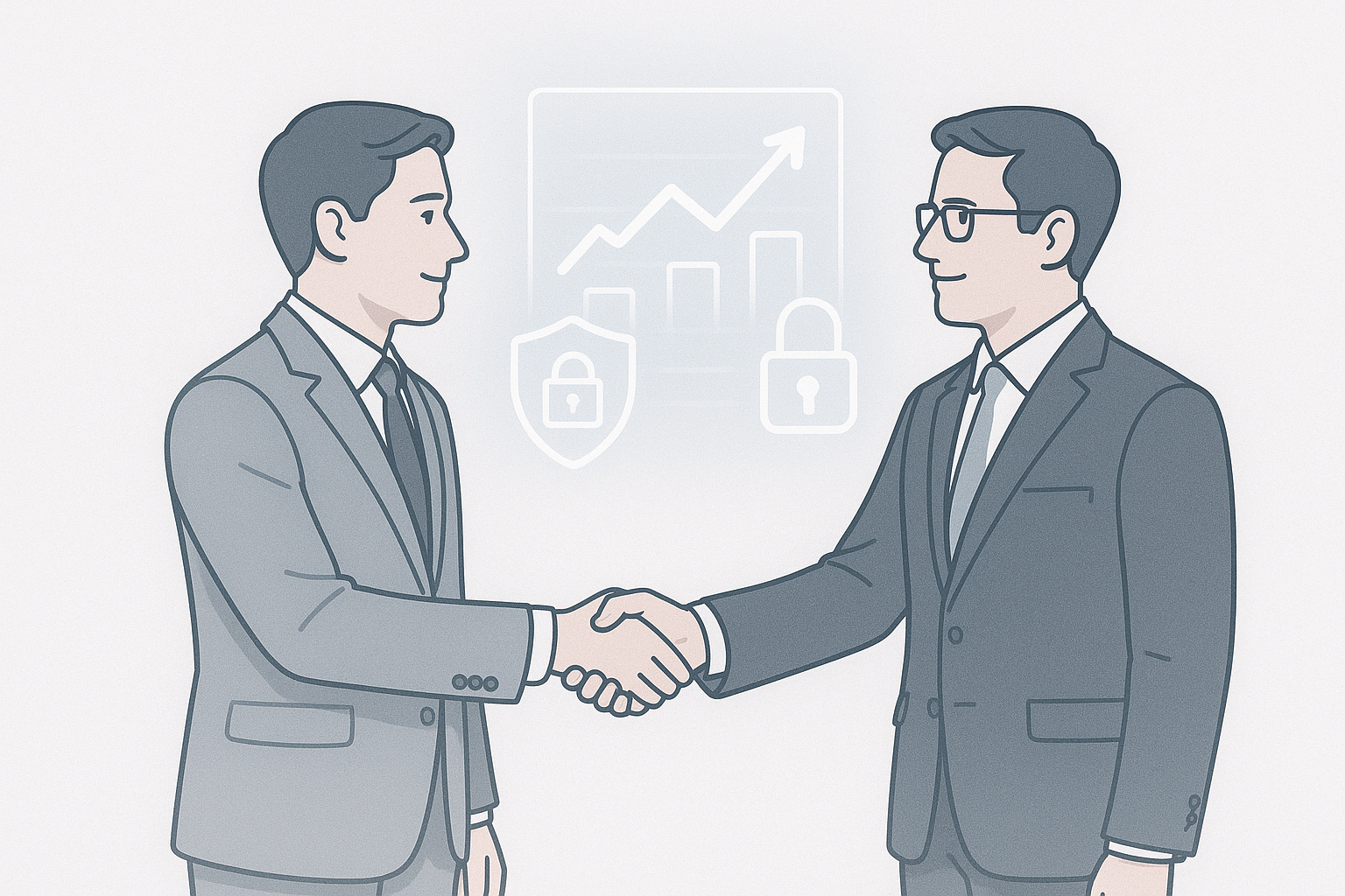 Cybersecurity consultant shaking hands with a client as glowing charts show successful results.