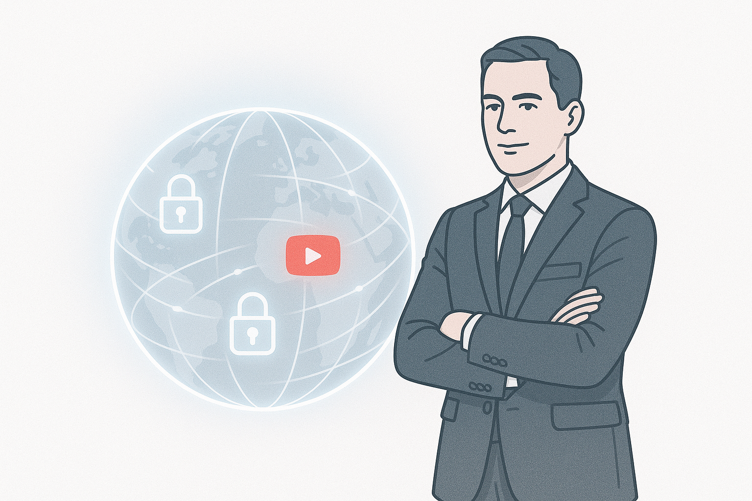 Cybersecurity thought leader beside a glowing globe of data streams and locks, representing global expertise.