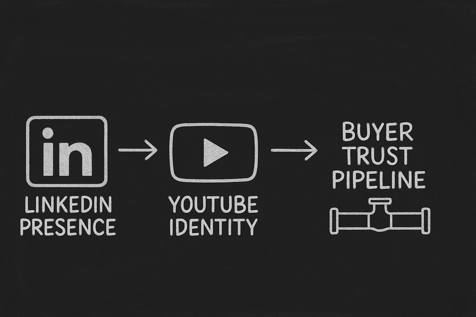 Chalkboard diagram showing a marketing flow from LinkedIn presence to YouTube identity to a buyer trust pipeline