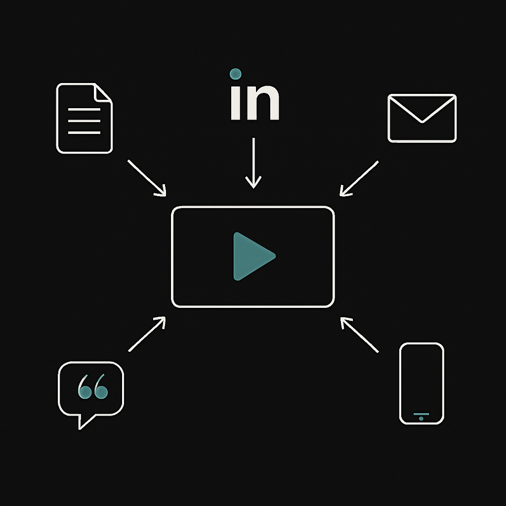 Hub-and-spoke diagram showing a YouTube video repurposed into multiple content formats.