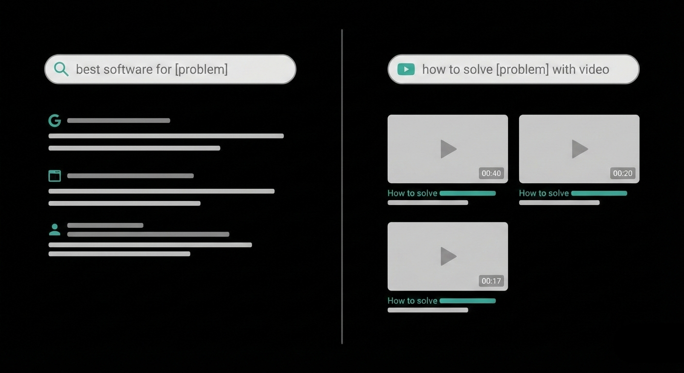 Split-screen illustration contrasting a general web search bar with a YouTube search.