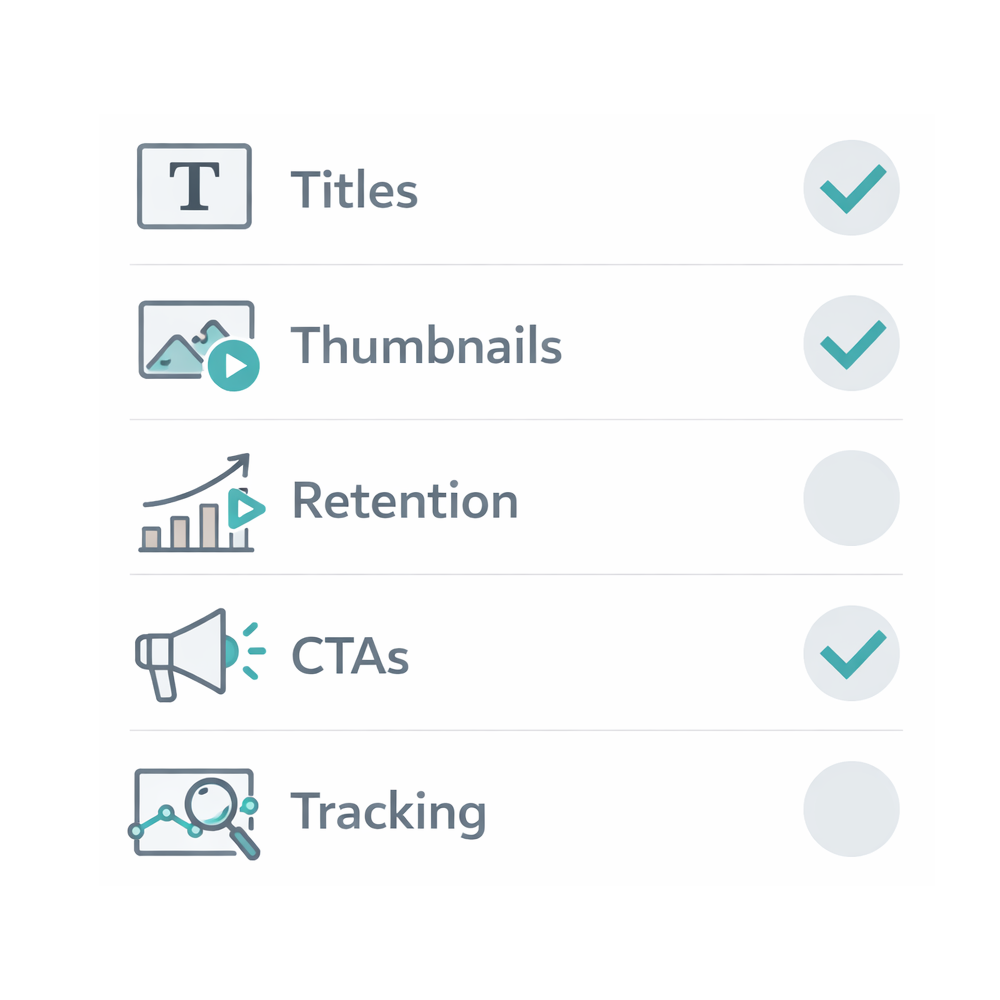 **Alt text:** Minimalist checklist illustration on a white background with five items—Titles, Thumbnails, Retention, CTAs, and Tracking—each shown with a clean line icon and a checkmark in light gray with subtle teal accents, flat vector SaaS-style design.
