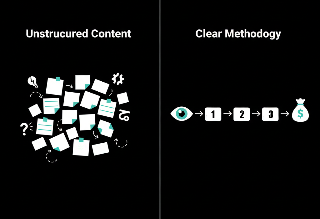 Side-by-side diagram comparing scattered unstructured video content with a clear step-by-step methodology that reduces cognitive load and increases conversions.