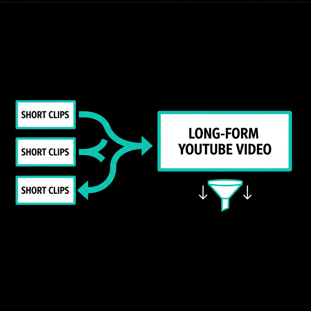 Short-form video clips driving viewers into long-form YouTube content and a B2B conversion funnel.