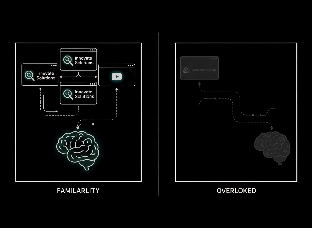 Comparison of a visible B2B company consistently appearing in search and YouTube versus a less visible competitor during buyer research