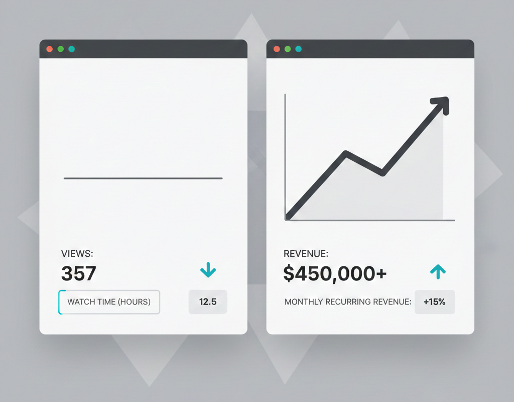 B2B YouTube analytics illustration showing low video view counts alongside a rising revenue chart, highlighting how niche audiences can drive high business impact.