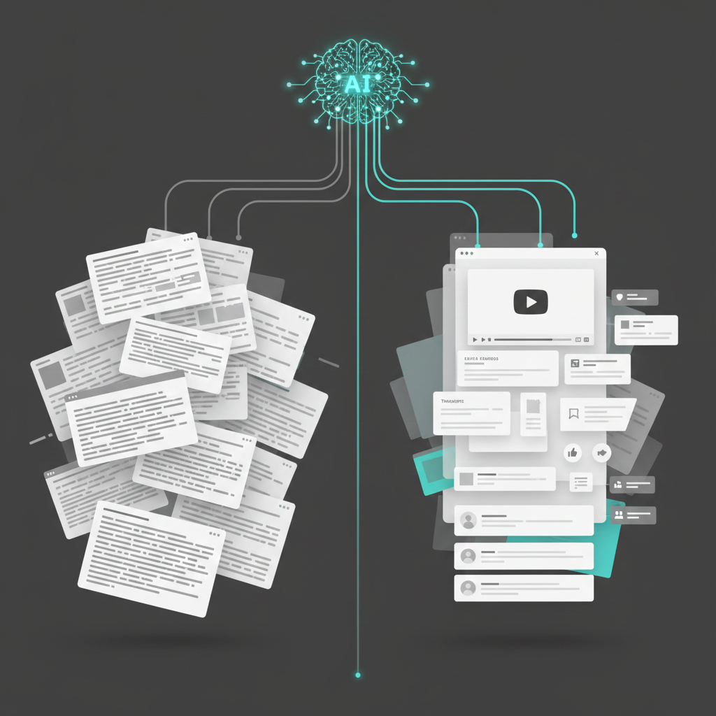 Side-by-side illustration showing an AI system favoring a structured YouTube video with transcripts, chapters, and metadata over unstructured blog text, explaining why YouTube content performs better in AI search results.