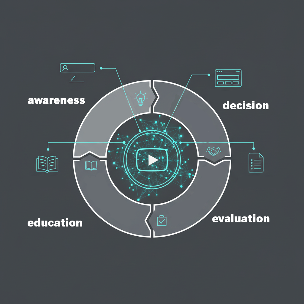 Illustration showing YouTube at the center of a B2B marketing flywheel, amplified by AI search to support buyer education, trust, and decision-making across the funnel.