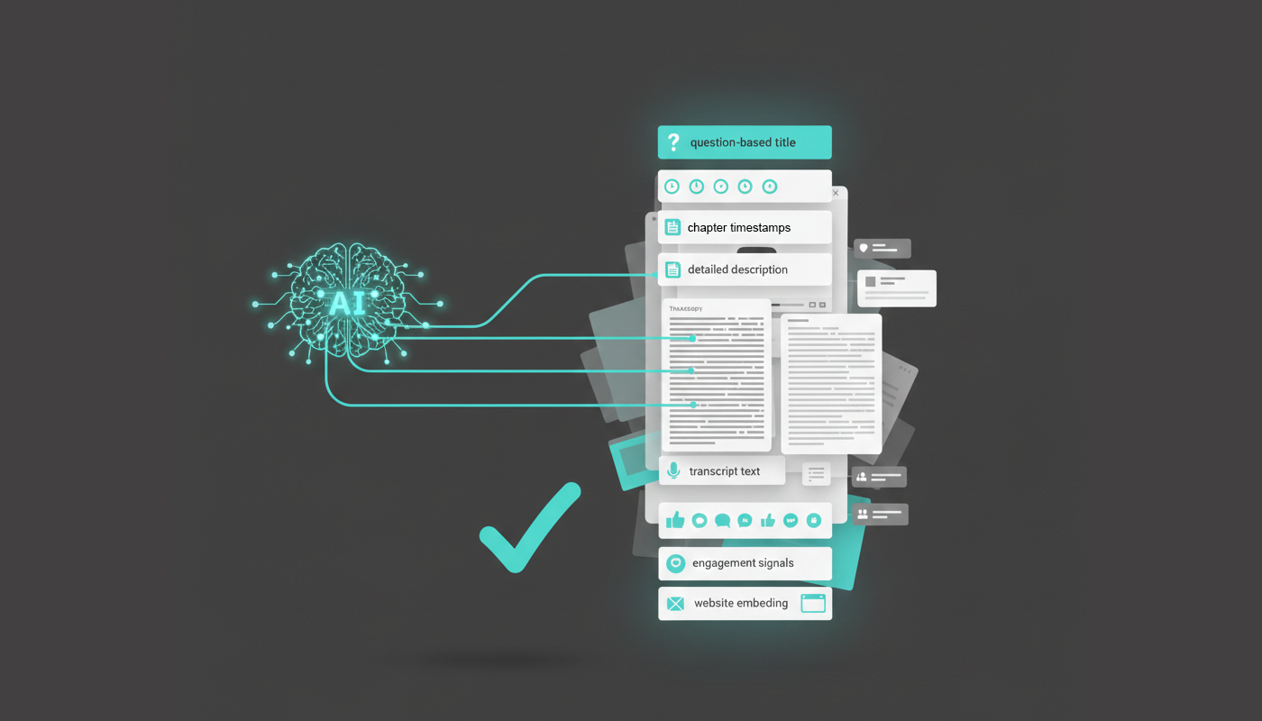 Illustration showing a YouTube video constructed from stacked optimization layers like transcripts, chapters, descriptions, and engagement signals, demonstrating best practices for improving AI search visibility.