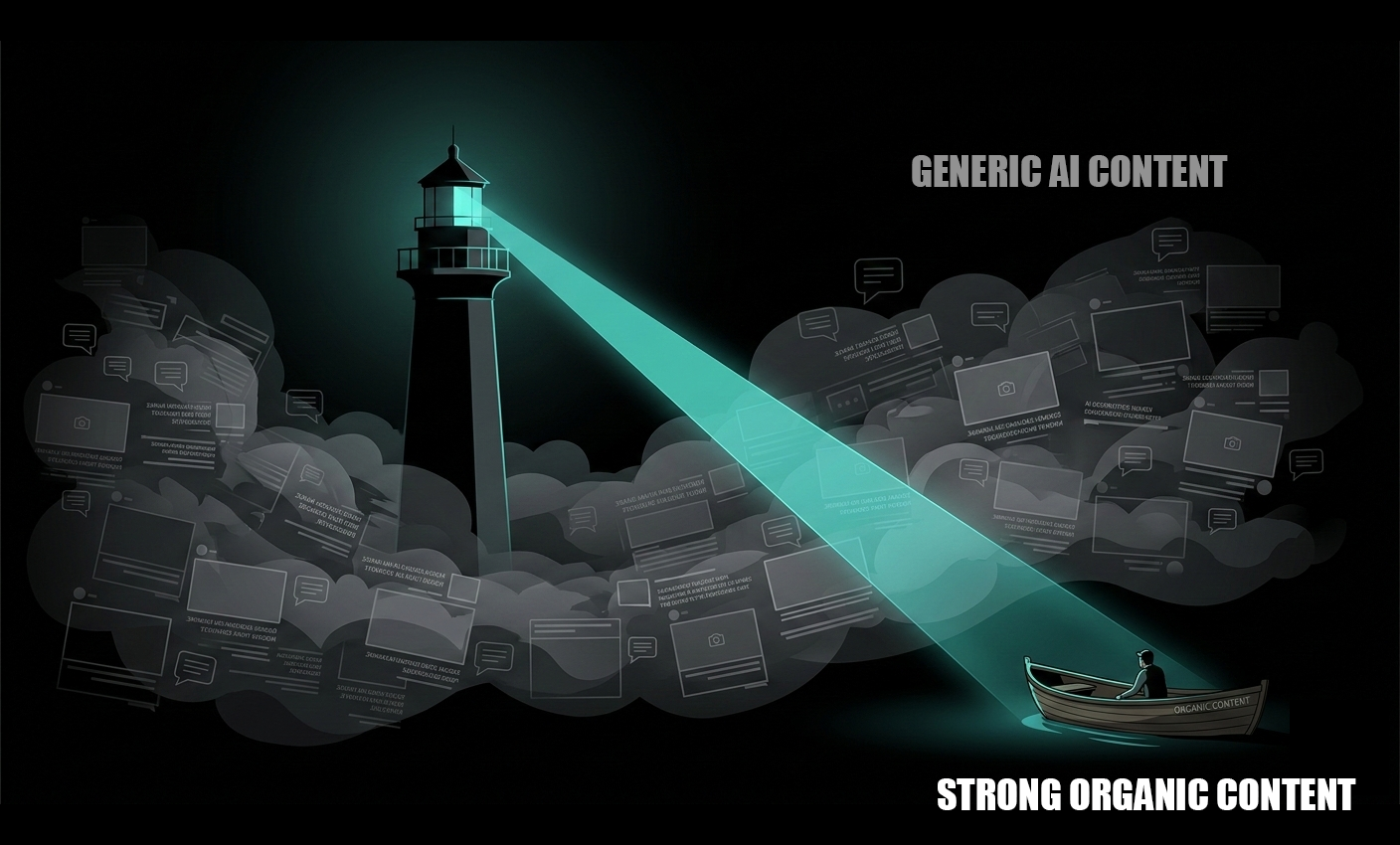 Teal lighthouse cutting through gray digital fog made of repetitive AI generated content, symbolizing authentic long form content standing out in a saturated online landscape.