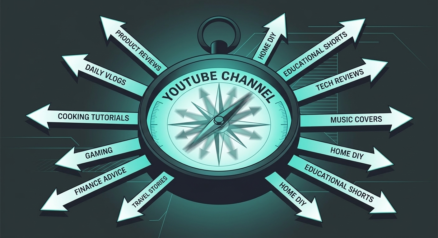 A compass labeled “YouTube Channel” spins uncontrollably while arrows pointing in different directions represent inconsistent video topics, symbolizing confusion for both the audience and the YouTube algorithm.