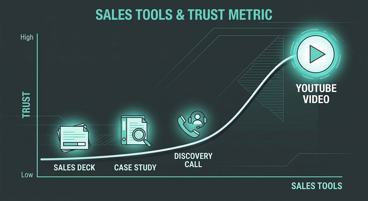 A simple graph comparing sales tools and trust levels, where sales decks, case studies, and discovery calls appear lower on the trust curve while a YouTube video icon sits higher, representing video’s stronger ability to build trust.