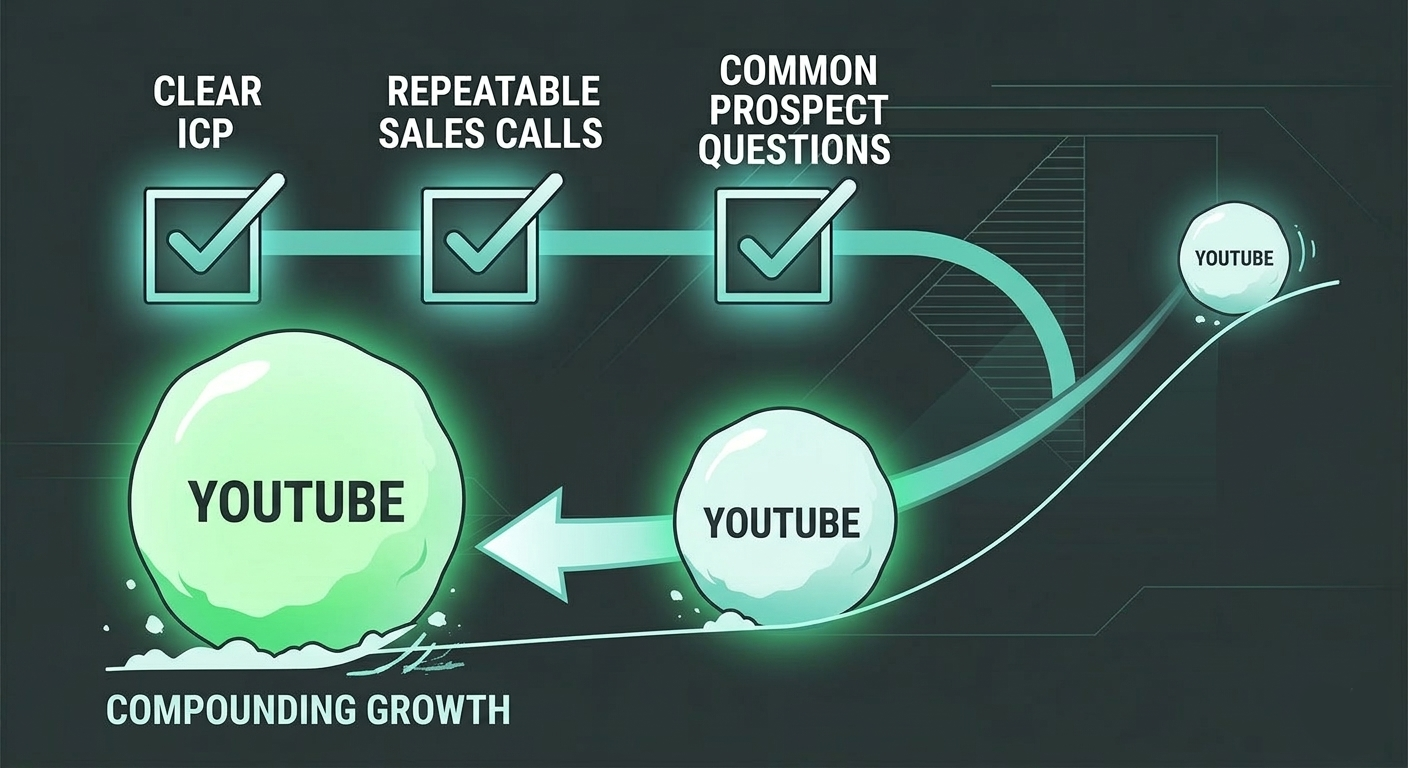 Three checked boxes labeled “Clear ICP,” “Repeatable Sales Calls,” and “Common Prospect Questions” lead to a snowball labeled “YouTube” rolling downhill and growing larger, symbolizing when a startup is ready for YouTube to create compounding growth.