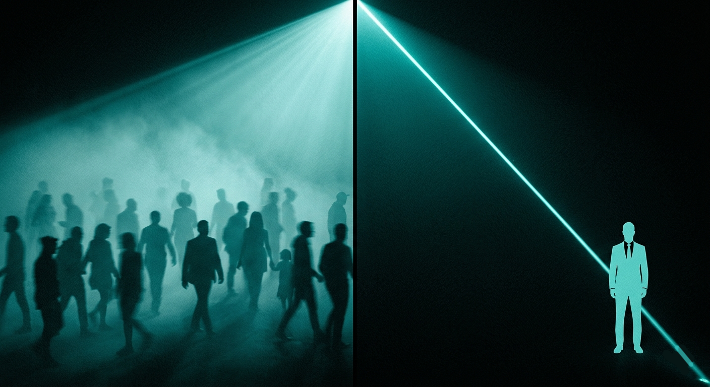 A split-panel image showing a diffused teal light beam scattering across many blurred silhouettes on the left, contrasted with a sharp focused laser landing on a single business professional on the right, illustrating the difference between broad and targeted B2B YouTube title strategy.
