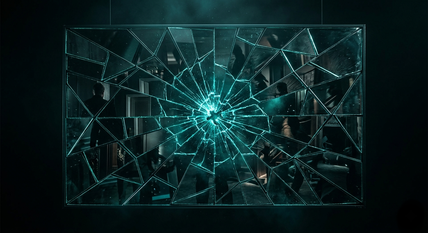 A cracked mirror suspended in darkness with teal light radiating from the point of impact, each shard reflecting a different angle of the same scene, representing the blind spots and overlooked mistakes that mistake-based YouTube titles expose for B2B decision-makers.