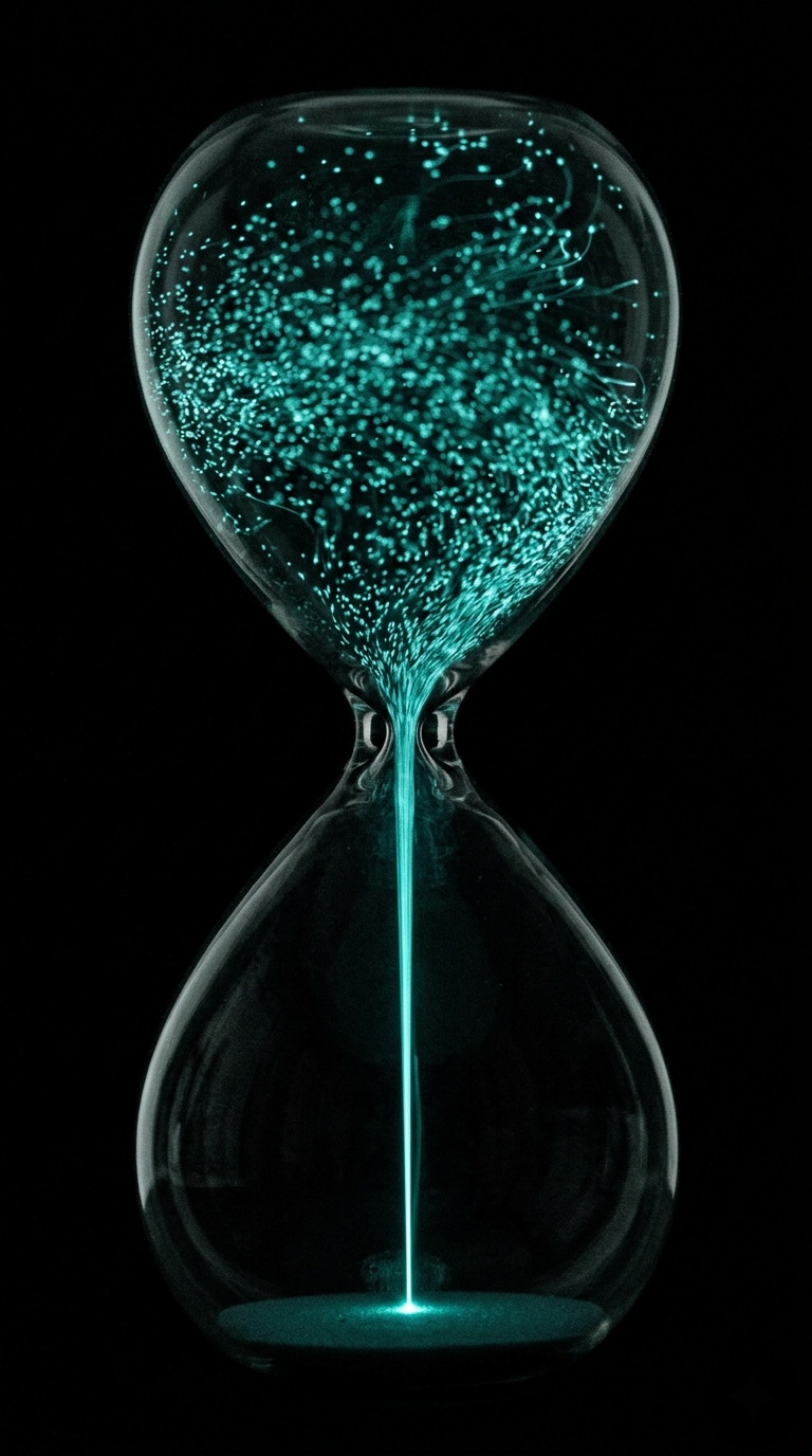 A smoked glass hourglass against a black background with loose teal particles entering the wide top and compressing into a single focused beam of light at the bottom, symbolizing how decision-stage YouTube titles filter a broad audience down to high-intent B2B buyers ready to act.
