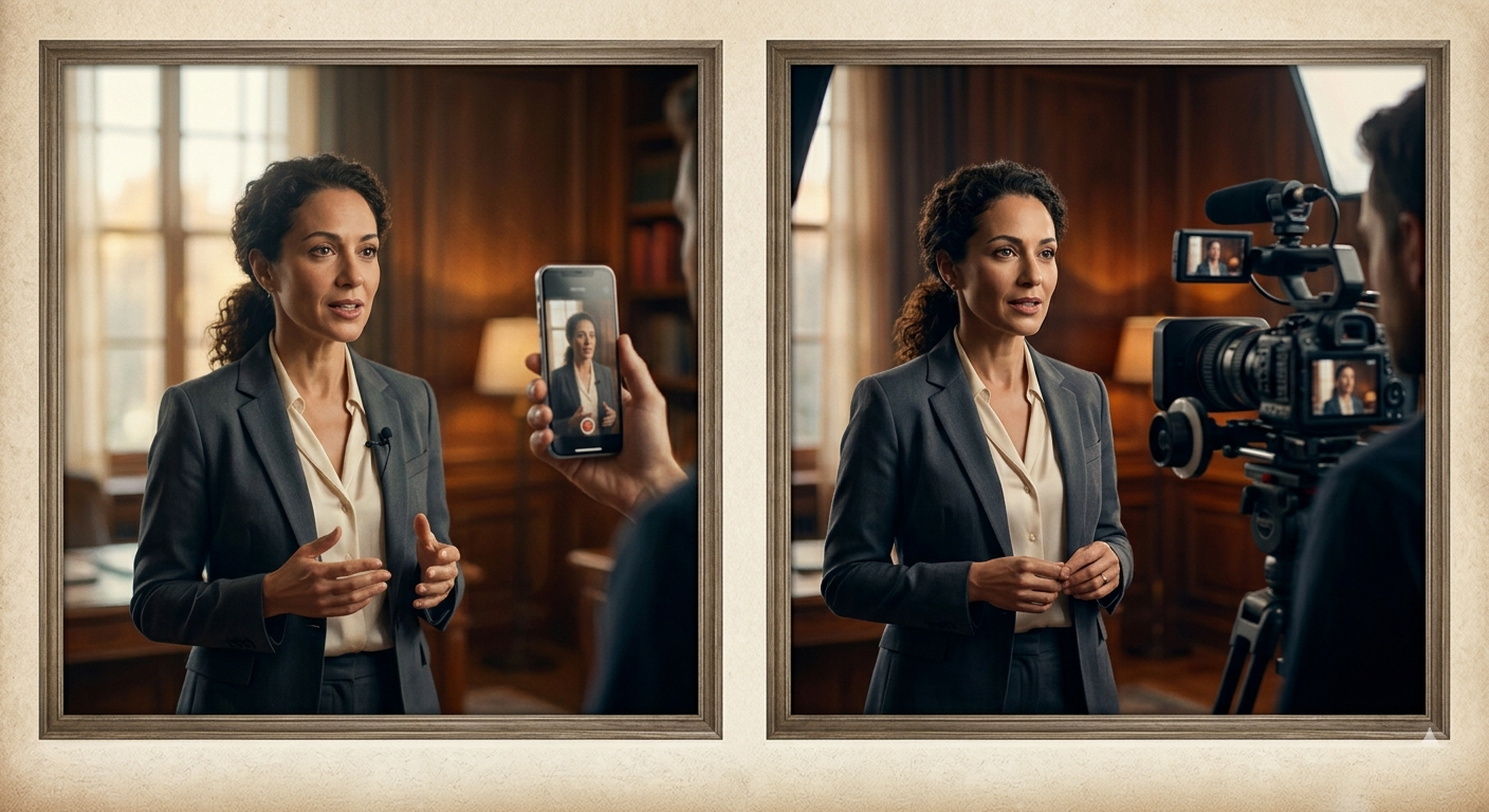 Side-by-side comparison of video quality from a smartphone camera and a professional camera for a business YouTube channel