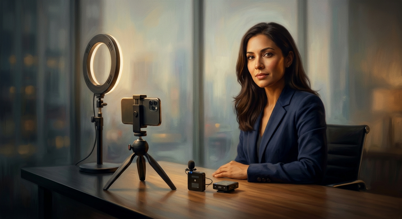 A minimal business YouTube recording setup with a phone on a tripod, LED light panel, and wireless microphone on a desk