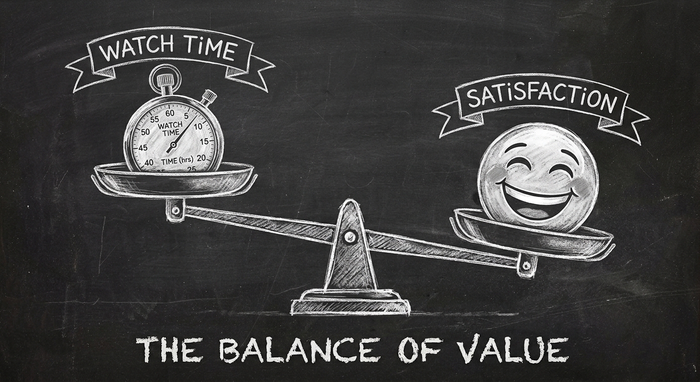 Chalkboard sketch of a scale showing viewer satisfaction outweighing watch time as YouTube's 2026 ranking signal.