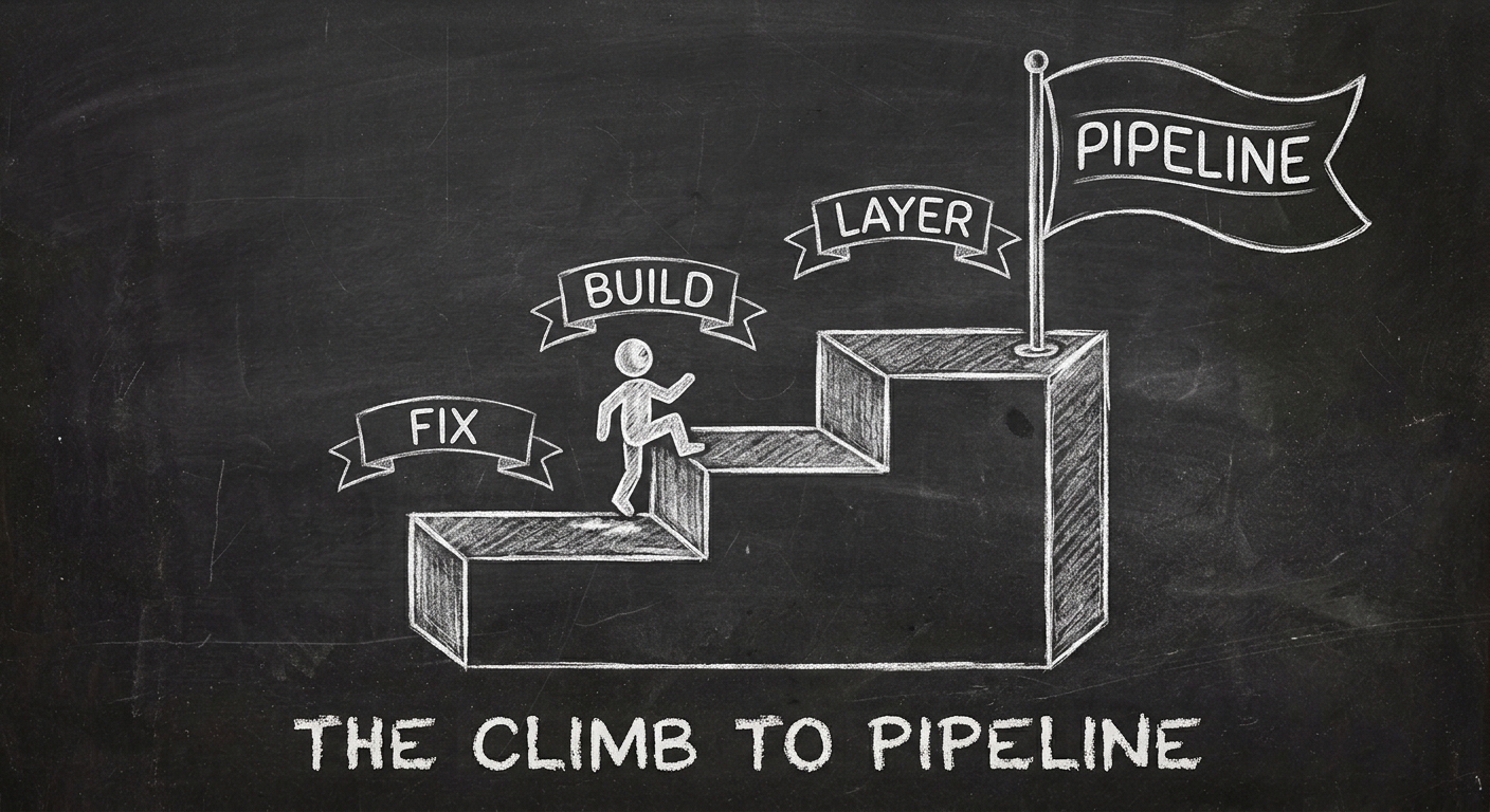 Chalkboard diagram of the 3-phase B2B YouTube framework: fix fundamentals, build the barbell, layer creator partnerships.