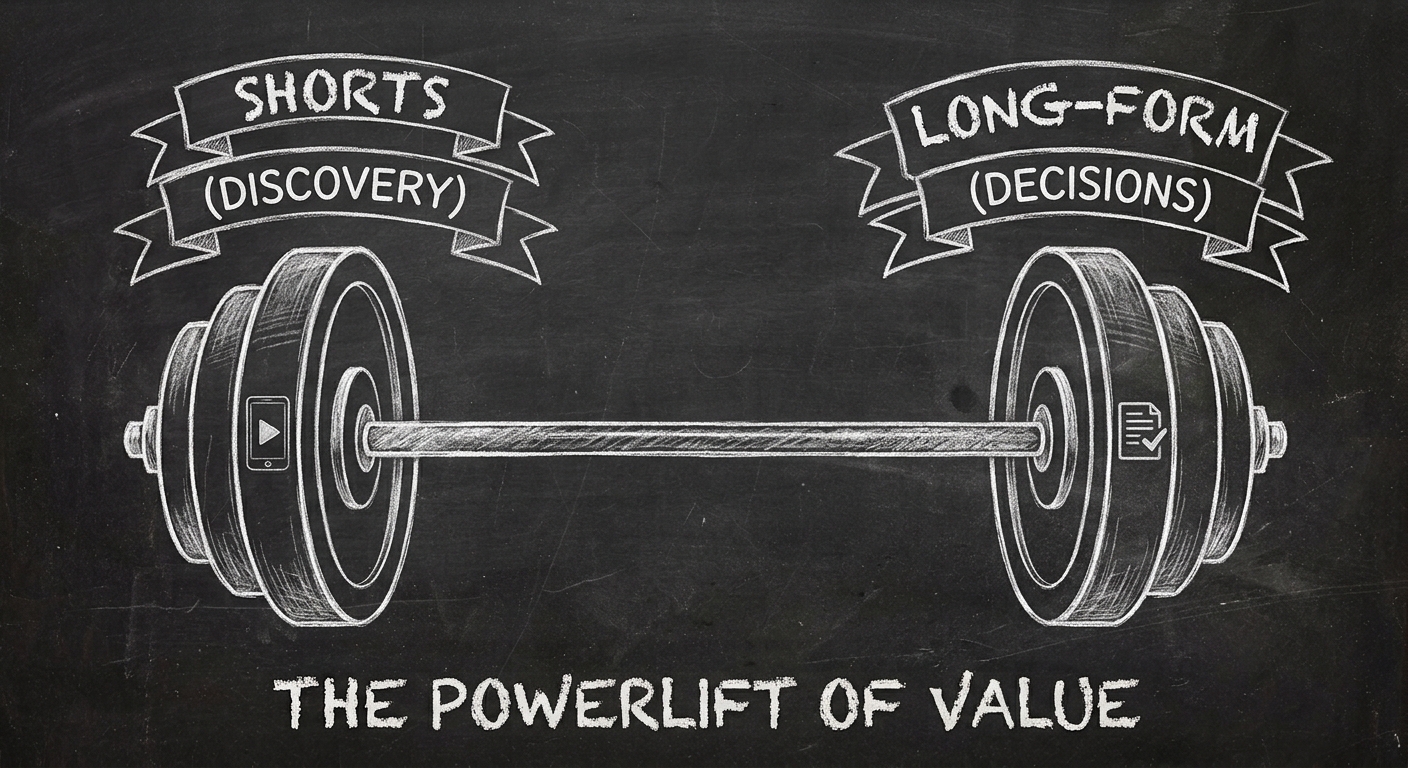 Chalkboard sketch of a barbell content strategy pairing Shorts for discovery with long-form video for decisions.