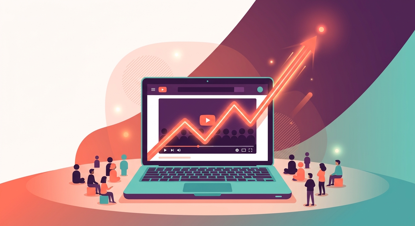 Illustration of a YouTube video player with a rising engagement graph and viewers gathered around it.