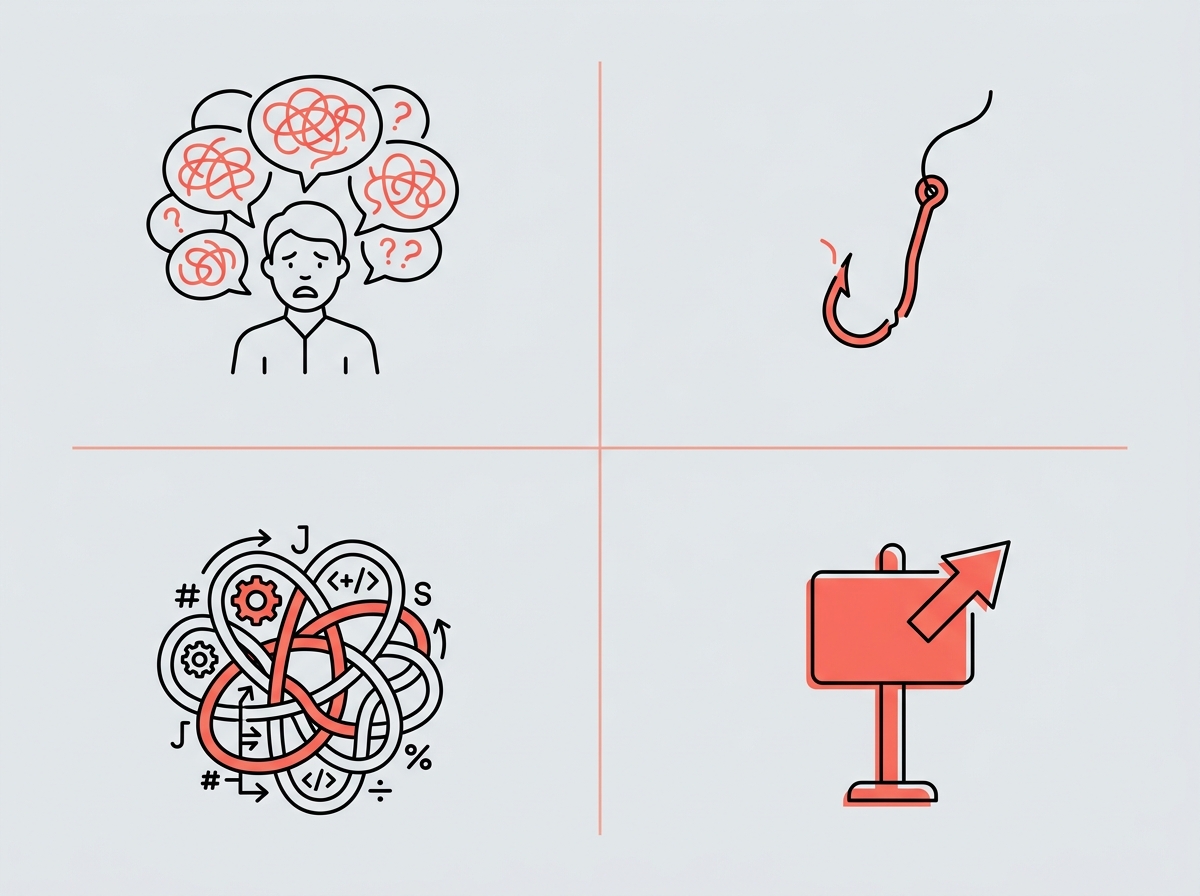 "Four-icon grid representing YouTube scriptwriting mistakes: rambling, weak hooks, jargon, and missing calls to action.