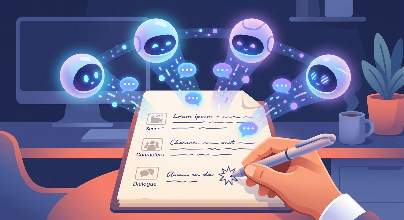Illustration of AI tools feeding script ideas into a document while a human hand adds the final edit.