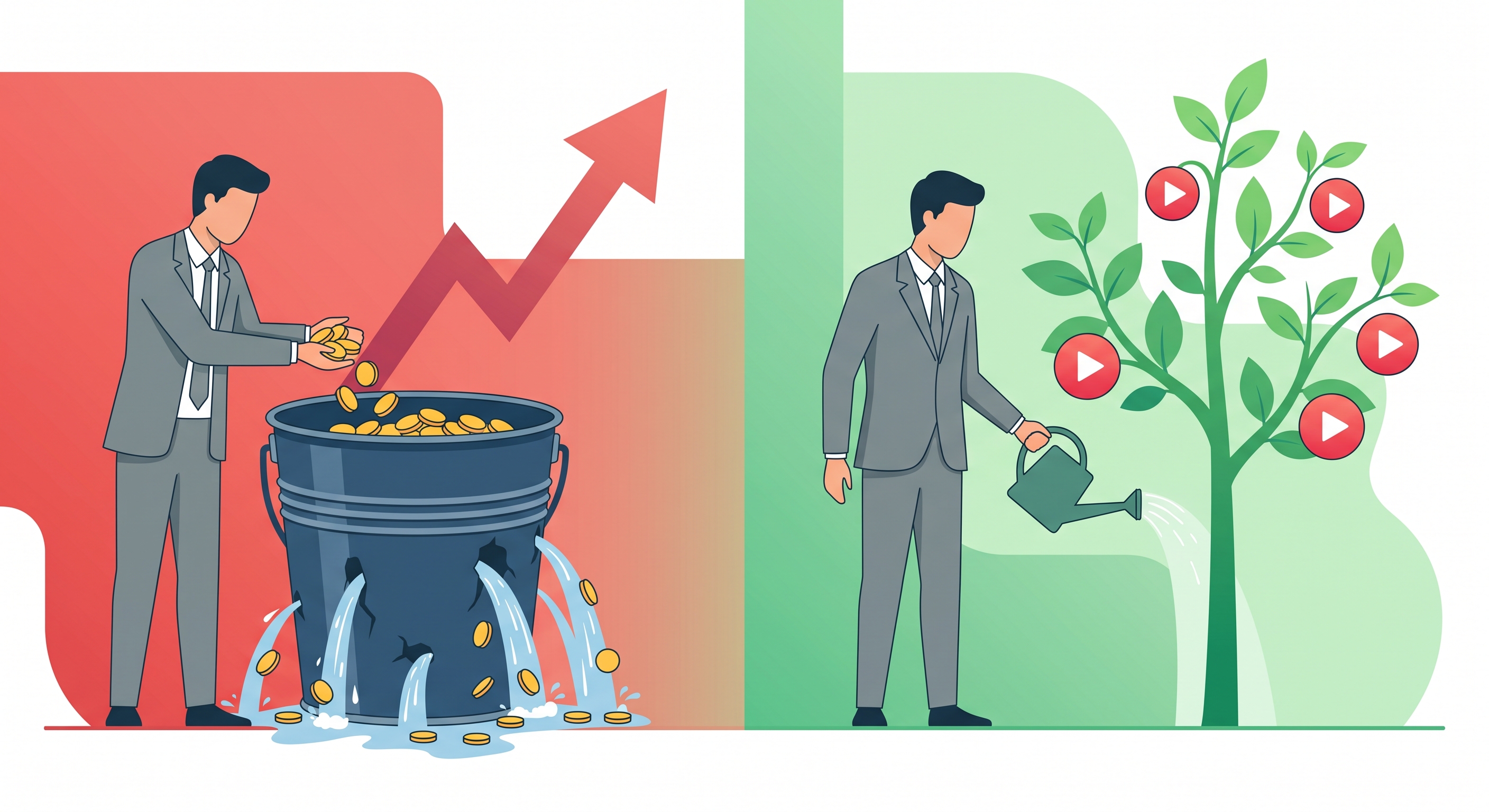 Split illustration contrasting money leaking from paid ads with a video content tree that grows over time.