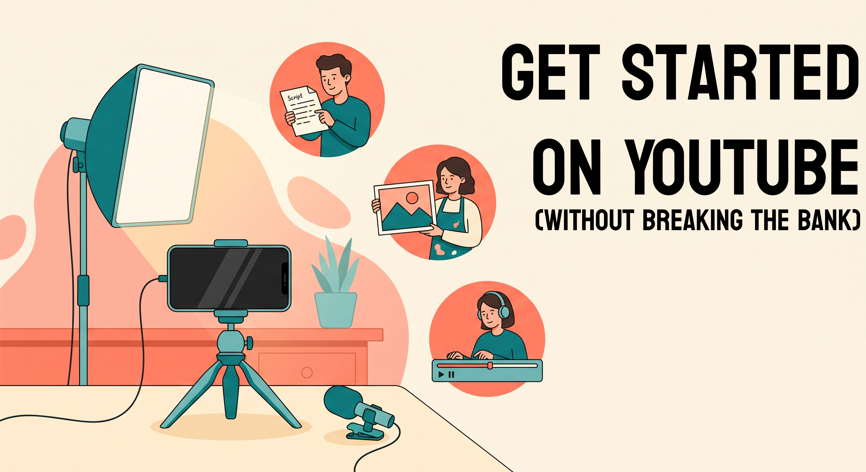 Illustration of an affordable YouTube setup — smartphone on a tripod, studio light, and microphone — alongside icons for a scriptwriter, thumbnail designer, and video editor.