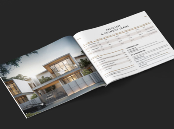 Developer brochure spread with a villa render and pricelist